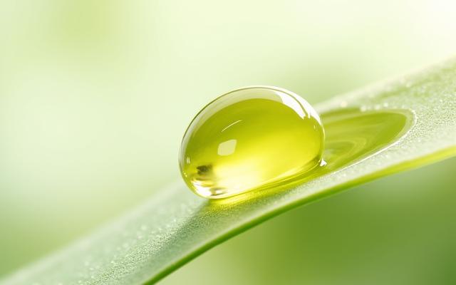 一滴透明精油快速滲入一片翠綠葉片中,象徵快速吸收