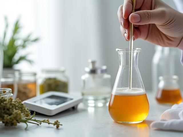 實驗室中,化學家輕輕攪拌燒杯裡的試驗性護膚配方
