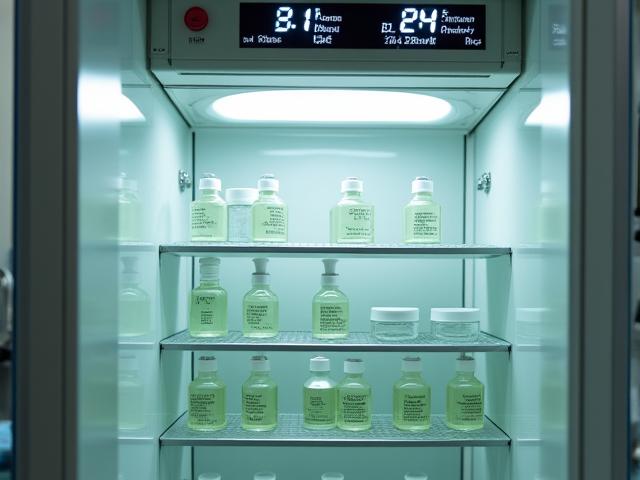 多個小瓶子在溫度濕度可控的儀器中進行測試,展示產品穩定性